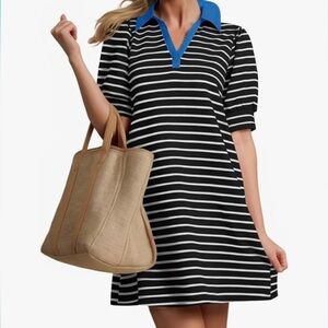 Zesica Striped Black and White Dress with Blue Collar
